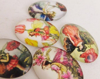 Set of Flat Back Glass Fairy Cabochons Classic Fairies with Flowers Flower Fairy Fay Jewelry Supplies Flatback Glass Ovals Faery Vignettes