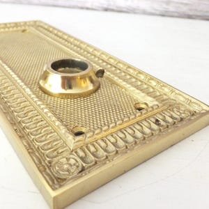 May include: A rectangular brass door plate with a central circular fixture and ornate, raised detailing. The plate has a textured surface and decorative border. The brass finish gives it a vintage look.