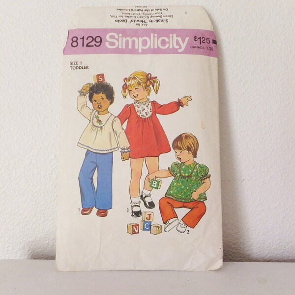 Vintage Simplicity 8129 Sewing Pattern Toddler Child Size 1 Dress or Top and Pants Pattern Vtg 1970's Babydoll style Dress Babydoll Top