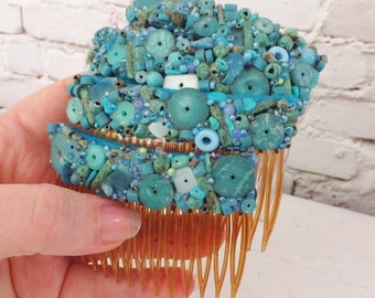 Decorative Hair Combs, Turquoise Hair Ornament, Beaded Side Comb, Barrettes, Aqua Hair Accessories, Industrial Bohemian Chunky 1990's 2000's