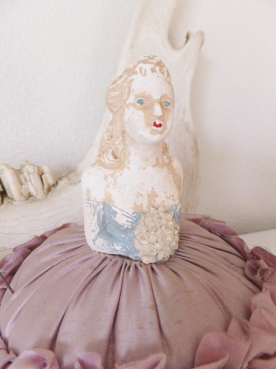 Antique Plaster Lady Pincushion Sateen Lavender L… - image 7