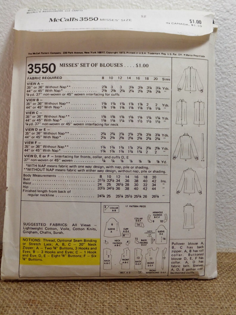 Brady Bunch Top Vtg McCall's Blouse Pattern 70's Top Pattern 3550 Pullover Blouse Casual Semi Fitted Blouse Womens Size 12 Bust 34 Medium imagem 3