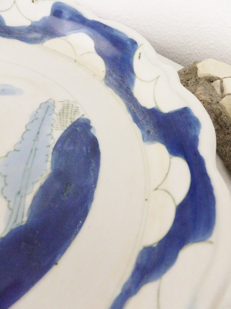 Antique Blue /& White Shallow Bowl in Asian Handpainted Motif of Landscape in Pastel Blue Shallow Serving Bowl Decorative Bowl Serving Dish