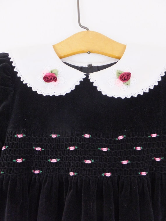 Black Velvet Smocked Girls Dress with Pink Floral… - image 5