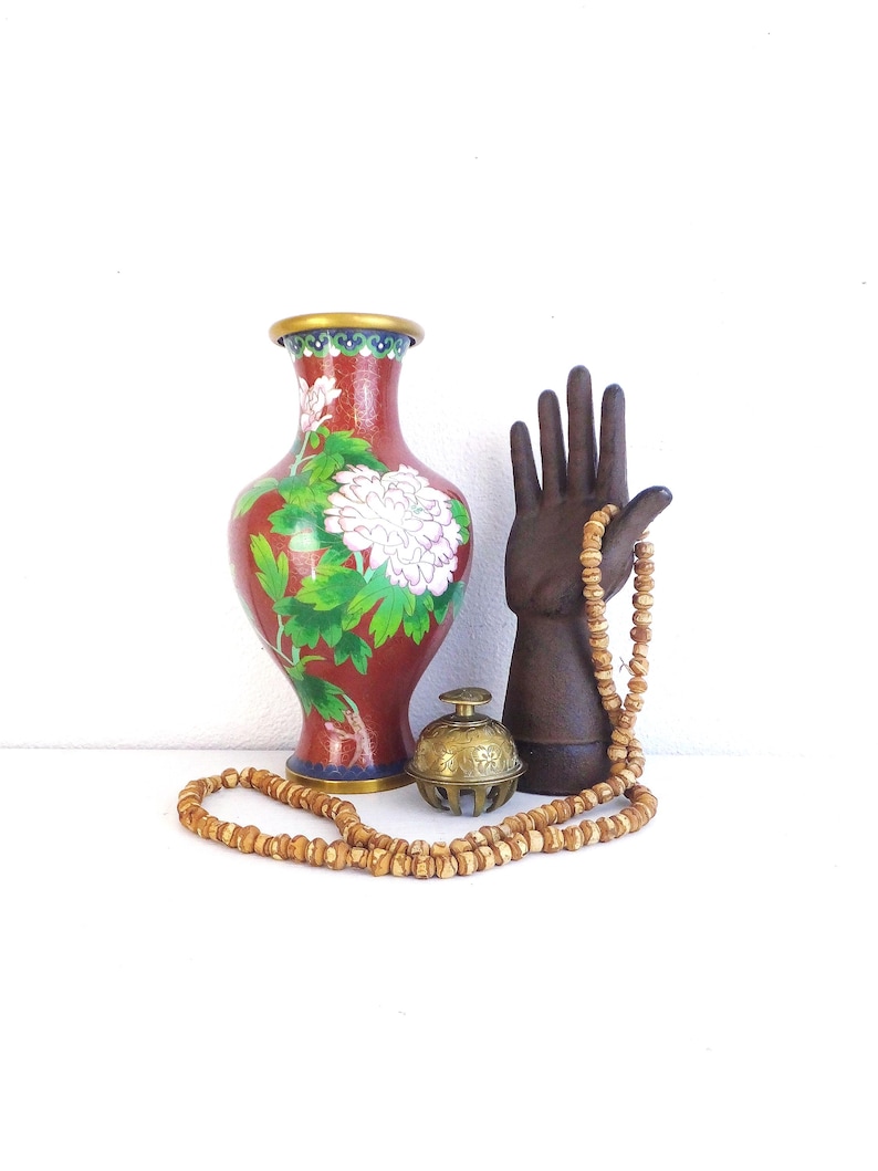 Vintage Chinese Cloisonne Vase: Red Peony Floral Enamel, Asian Decor image 2