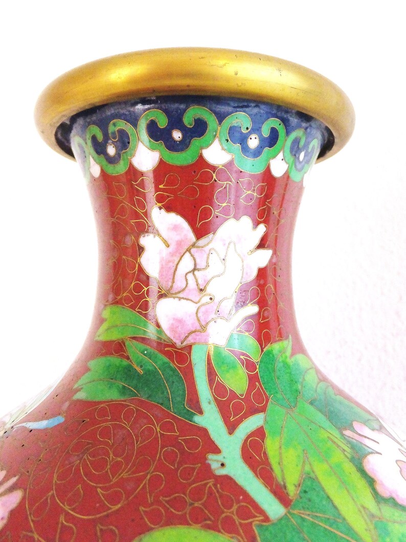 Vintage Chinese Cloisonne Vase: Red Peony Floral Enamel, Asian Decor image 5