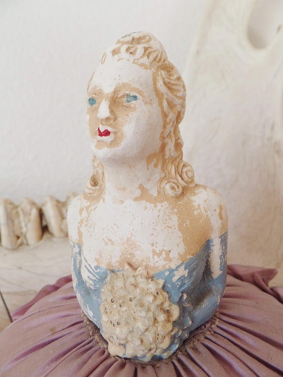 Antique Plaster Lady Pincushion Sateen Lavender L… - image 8