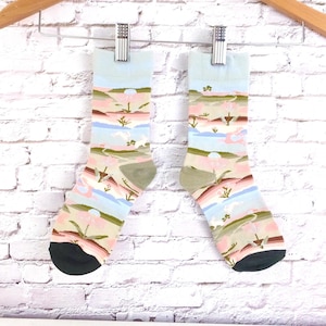 Desert Landscape Socks: Pink Green Animal Socks, Nature Lover Gift (Size 9-11)