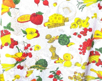 Vintage 1950s Kitchen Fabric: Mid-Century Fruits & Foods Print
