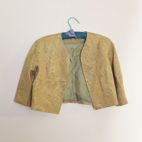 Cropped Gold Jacket MCM Dress Short Coat Matte Damask Brocade Top Shrug 3/4 Sleeves Three Quarter Mid Century 1950s 1960s Womens Medium