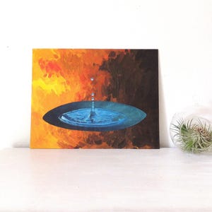 Thirst Acrylic Painting: Water Drop on Fire, Modern Surrealist Art