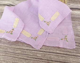 Lilac Linen Handkerchief Beautiful Purple Pocket Square 1920s 1930s Pink Roses Embroidery Art Deco Style Wedding Bridal Tissue Something Old