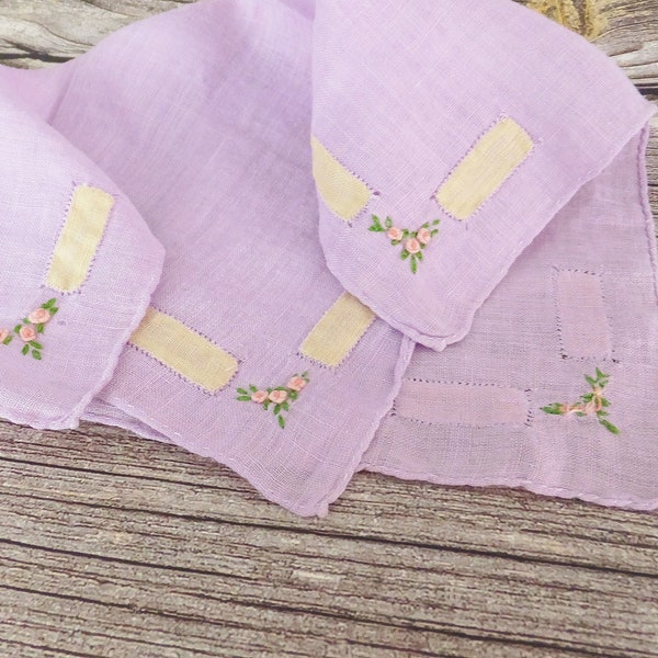 Lilac Linen Handkerchief Beautiful Purple Pocket Square 1920s 1930s Pink Roses Embroidery Art Deco Style Wedding Bridal Tissue Something Old