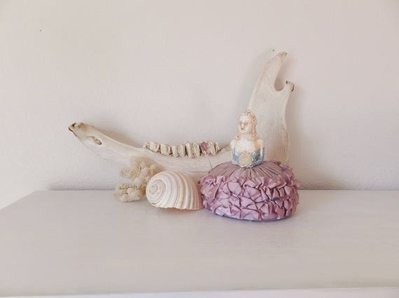 Antique Plaster Lady Pincushion Sateen Lavender L… - image 2