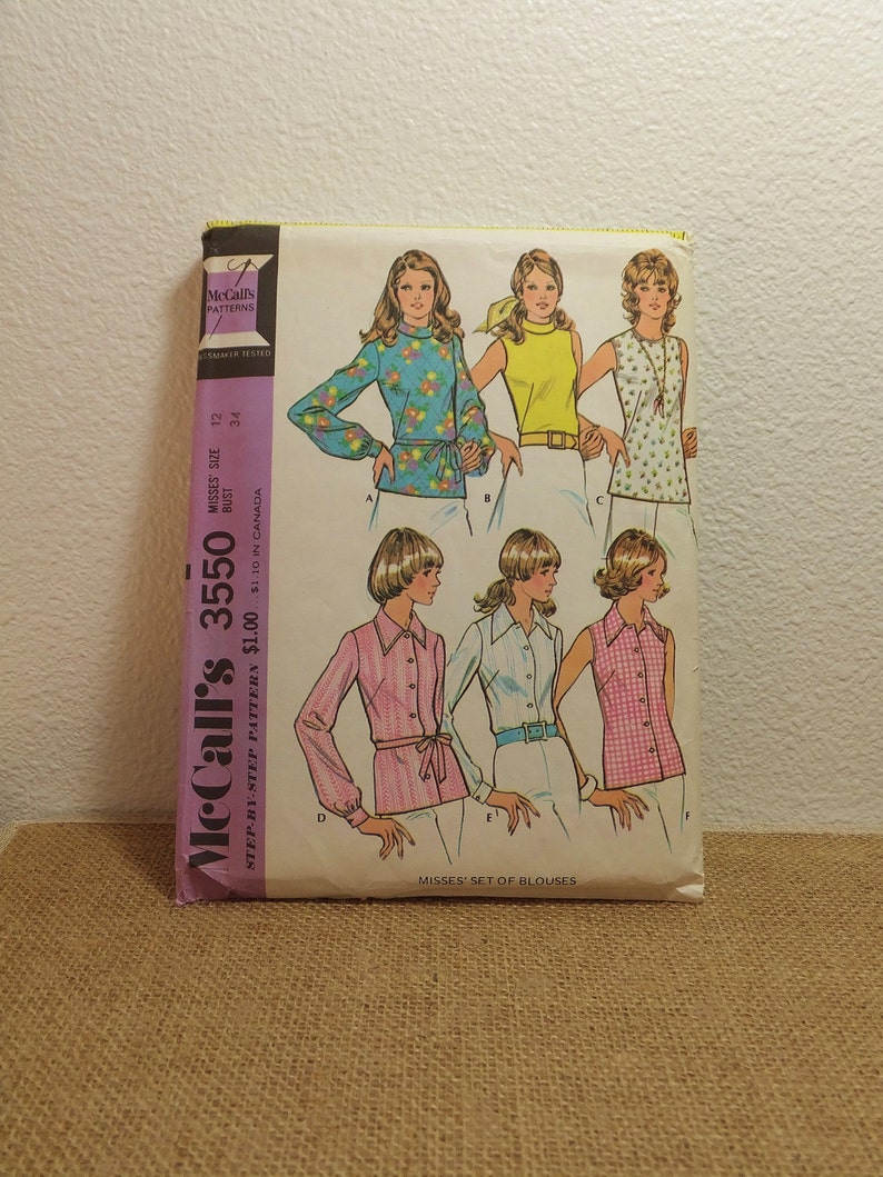 Brady Bunch Top Vtg McCall's Blouse Pattern 70's Top Pattern 3550 Pullover Blouse Casual Semi Fitted Blouse Womens Size 12 Bust 34 Medium image 2