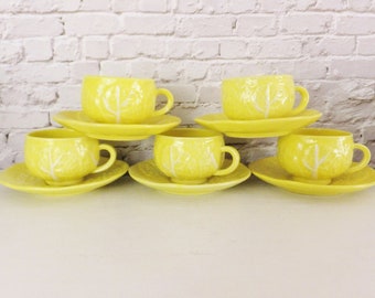 Yellow Cabbage Ware Cup & Saucer Set of 5 Teacups Coffee Mugs w/ Plates Lettuceware Vegetable Dishes Ceramic Portugal Majolica Dish Tea Set