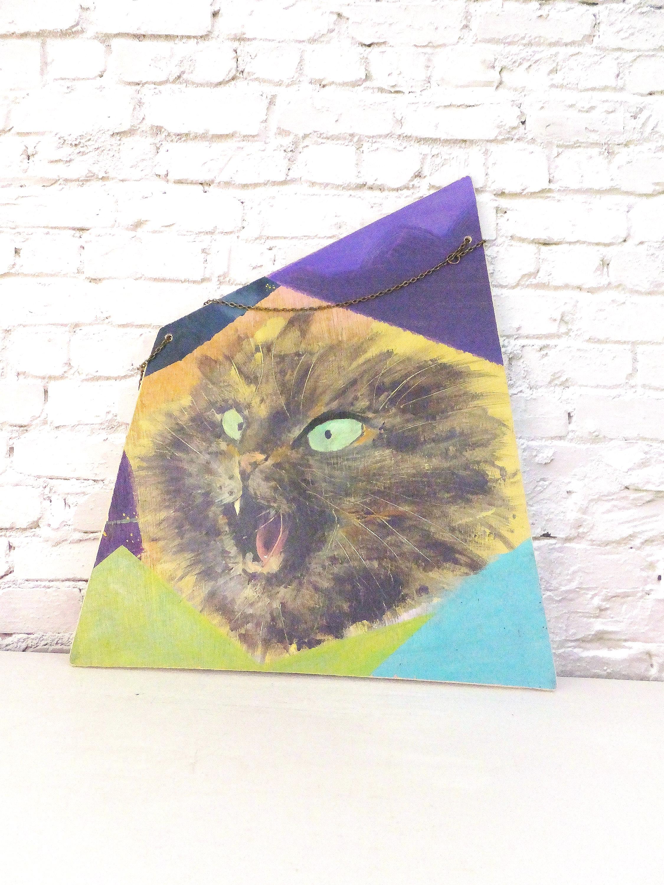 Eclectic Cat Acrylic Painting on Upcycled Wood - Wall Hanging - Etsy