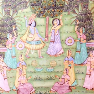 Hand-Painted Krishna & Radha Silk Tapestry: Traditional Indian Wedding Decor