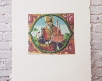 Italian Renaissance Print on Handmade Paper Bologna Italy Souvenir Deckled Edge Print Saint Pope Holding Castle Religious Gift for Architect