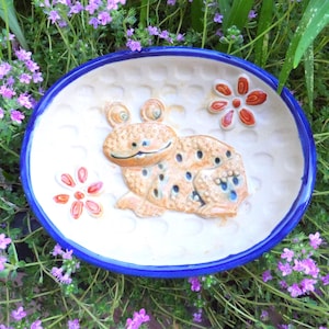 Puede incluir: Un plato de cerámica con borde azul e interior blanco con un diseño de rana en relieve. La rana es de color canela con manchas oscuras y detalles azules. También hay dos diseños de flores rojas y naranjas en el plato.