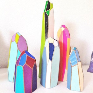 Geometric Wooden Crystal Sculpture: Colorful Boho Desk Art