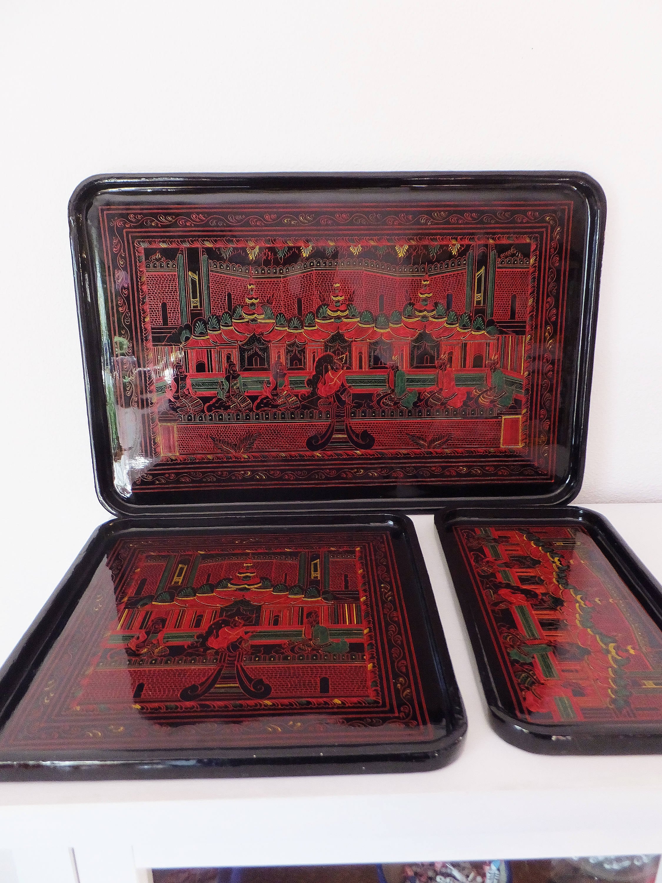 Vintage Burmese Lacquered Tray Set Mid Century Thai Asian
