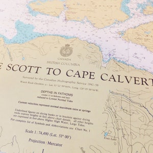 Karte von British Columbia Kanada Karte Cape Scott nach Cape Calvert Karte Marine Wissenschaften Zweig Topographische Karte Nautische Strand Home Decor