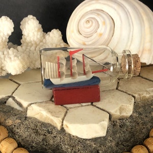 Mini Ship in a Bottle Miniature 1:12 Ship in Bottle Beach House Decor Adventurer Decor Small Ship Boat in Bottle Red and Blue Mini Decor image 3