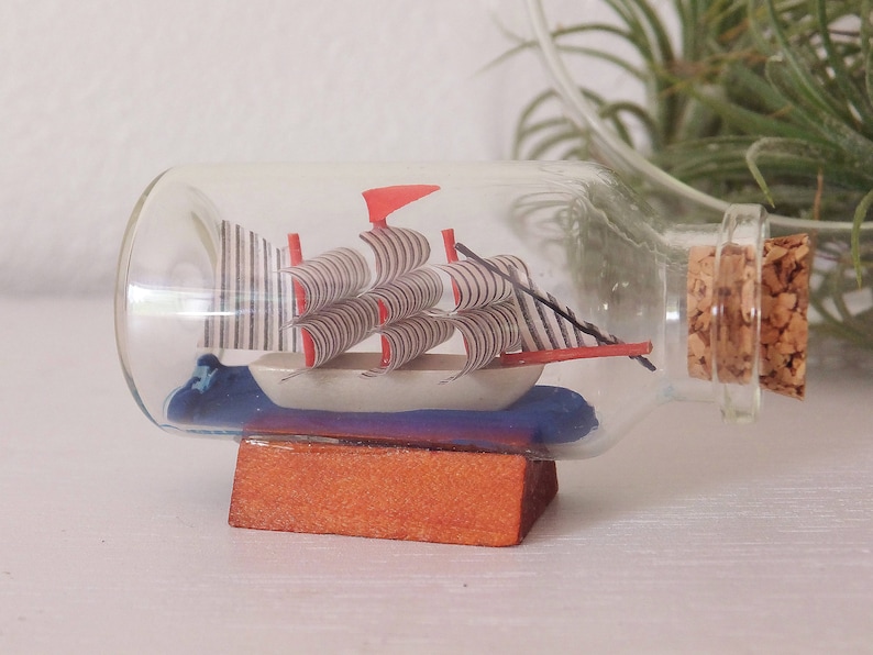 Mini Ship in a Bottle Miniature 1:12 Ship in Bottle Beach House Decor Adventurer Decor Small Ship Boat in Bottle Red and Blue Mini Decor image 4