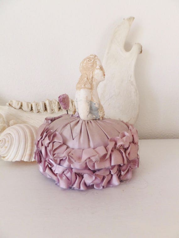 Antique Plaster Lady Pincushion Sateen Lavender L… - image 5