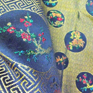 Vintage Gold Brocade Tablecloth: Black Floral Asian Damask (90x55 in