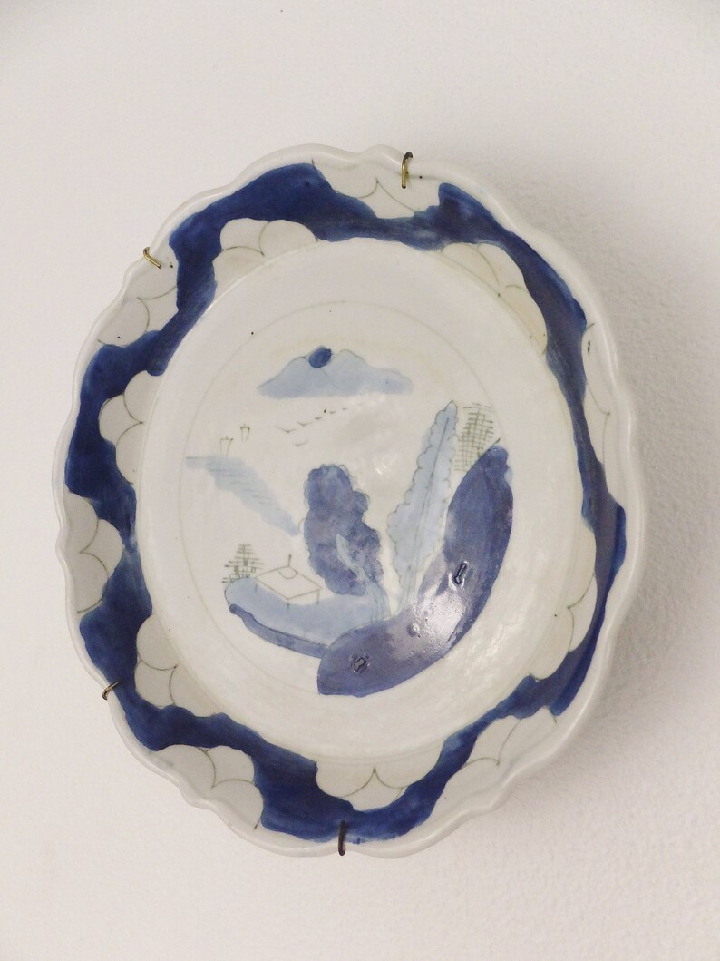 Antique Blue /& White Shallow Bowl in Asian Handpainted Motif of Landscape in Pastel Blue Shallow Serving Bowl Decorative Bowl Serving Dish