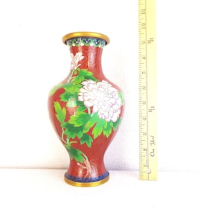 Vintage Chinese Cloisonne Vase: Red Peony Floral Enamel, Asian Decor image 1