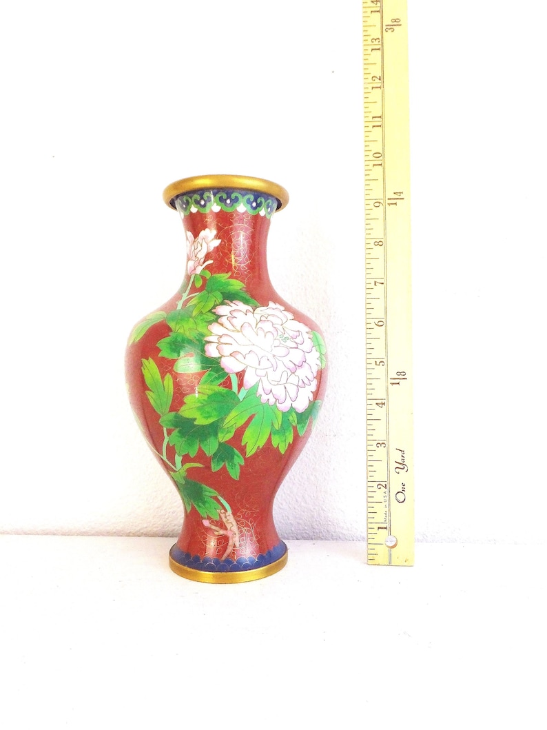 Vintage Chinese Cloisonne Vase: Red Peony Floral Enamel, Asian Decor image 1