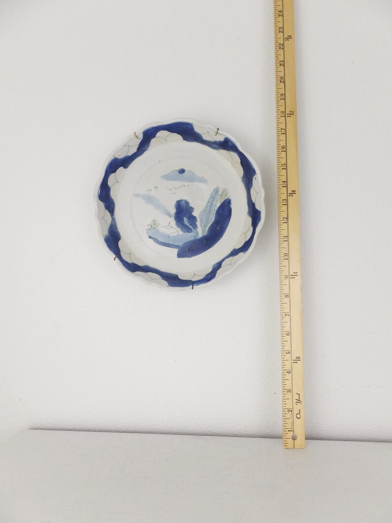 Antique Blue /& White Shallow Bowl in Asian Handpainted Motif of Landscape in Pastel Blue Shallow Serving Bowl Decorative Bowl Serving Dish