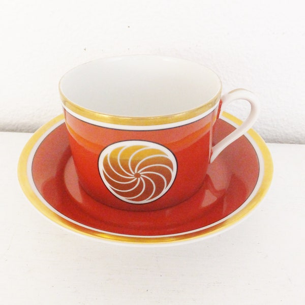 1970's Fitz & Floyd Coffee Cup and Saucer Medallion d'Or Vintage 1978 MCMLXXVI Mid Century Coffee Service Brick Red and Gold Highlights