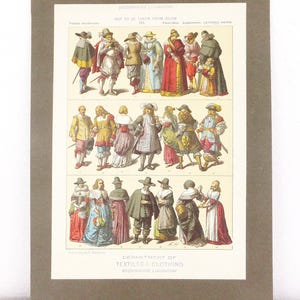 Vintage F Hottenroth Print Antique Costume Print 17th Century English Shakespeare Historic Fashion Color Lithograph Renaissance