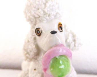 Vintage Spaghetti Poodle Figurine: White & Pink Porcelain Dog, Made in Japan