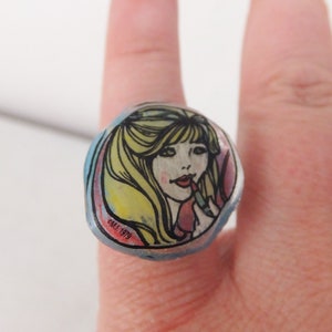 RARE Vintage 1960's Barbie Ring Collectible The Doll House Toy Ring Blue Plastic Original Package Blue Ring Doll Ring Blonde Girl Lipstick image 1