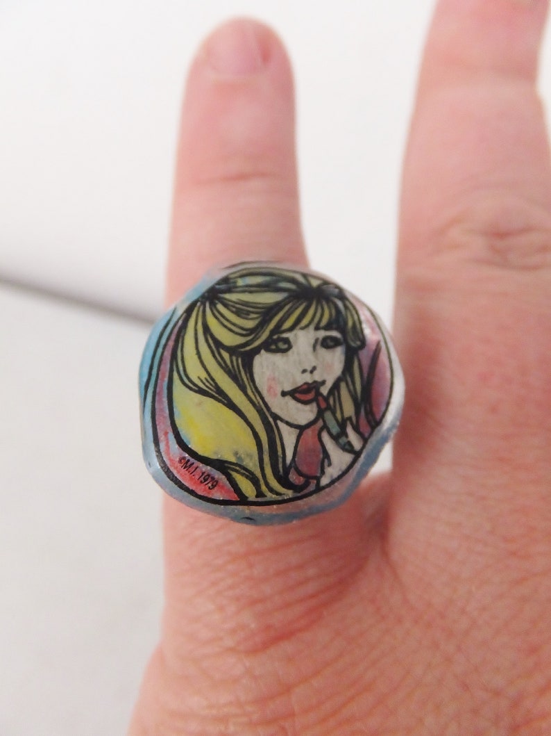 RARE Vintage 1960's Barbie Ring Collectible The Doll House Toy Ring Blue Plastic Original Package Blue Ring Doll Ring Blonde Girl Lipstick image 1