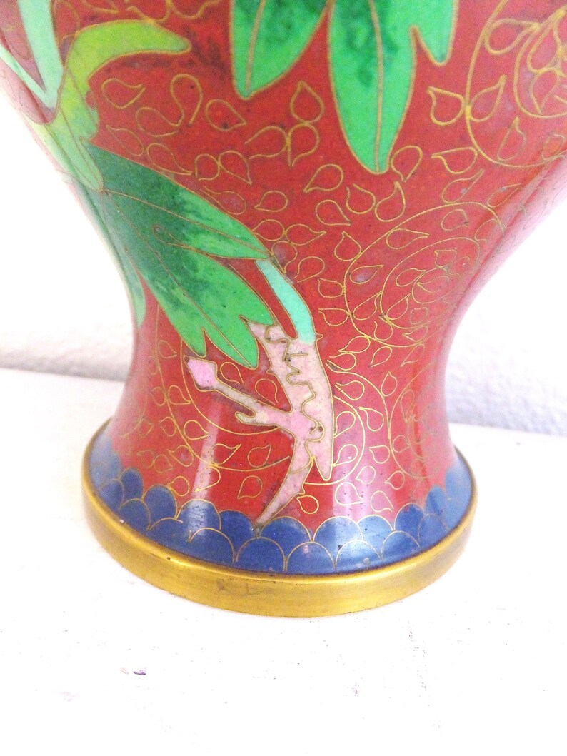 Vintage Chinese Cloisonne Vase: Red Peony Floral Enamel, Asian Decor image 7