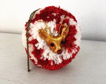 Cute Rudolph the Red Nosed Reindeer Ornament Animal Pom Pom Ornament Christmas Ornament Deer Xmas Decor Red White Gold Reindeer Ornament