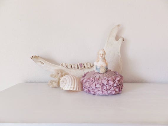 Antique Plaster Lady Pincushion Sateen Lavender L… - image 1