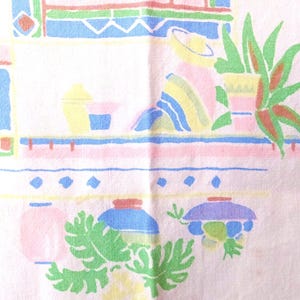 Vintage 1930s/40s Square Cotton Tablecloth: Pastel Southwest Cactus Design