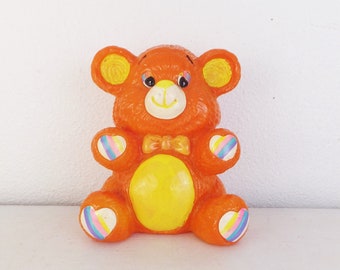 Vintage Bear Bank Knockoff of Bear Care from the 1980's Orange & Yellow Plastic Bear Piggy Bank Rainbow Heart Paws 1980's Teddy Bear Bank