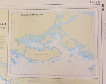 Vintage Map British Columbia Canada Map Queen Charlotte Strait Map Marine Sciences Branch Topographical Map Nautical Decor Beach Home Decor