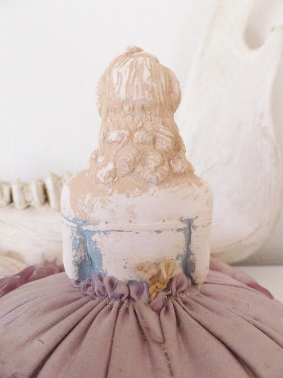 Antique Plaster Lady Pincushion Sateen Lavender L… - image 6