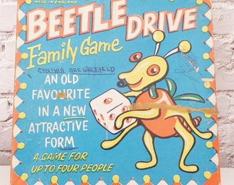 Beetle Drive Family Game Cootie Bug Childrens Toy Board Game Colorful Celluloid Plastic Collectible Toy in Original Box Nursery Room Decor