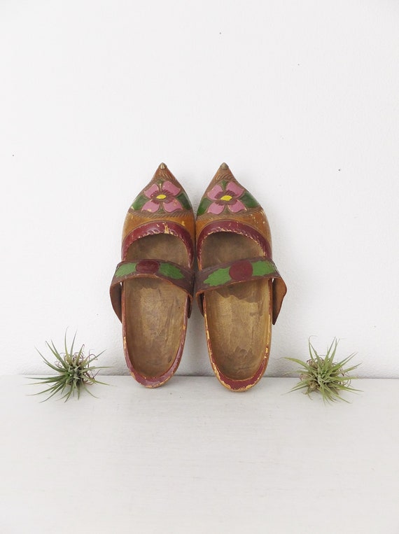 Vintage Folk Art Shoes Vintage Clogs Wooden Clogs 