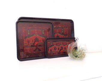 Vintage Burmese Lacquered Tray Set Mid Century Thai Asian